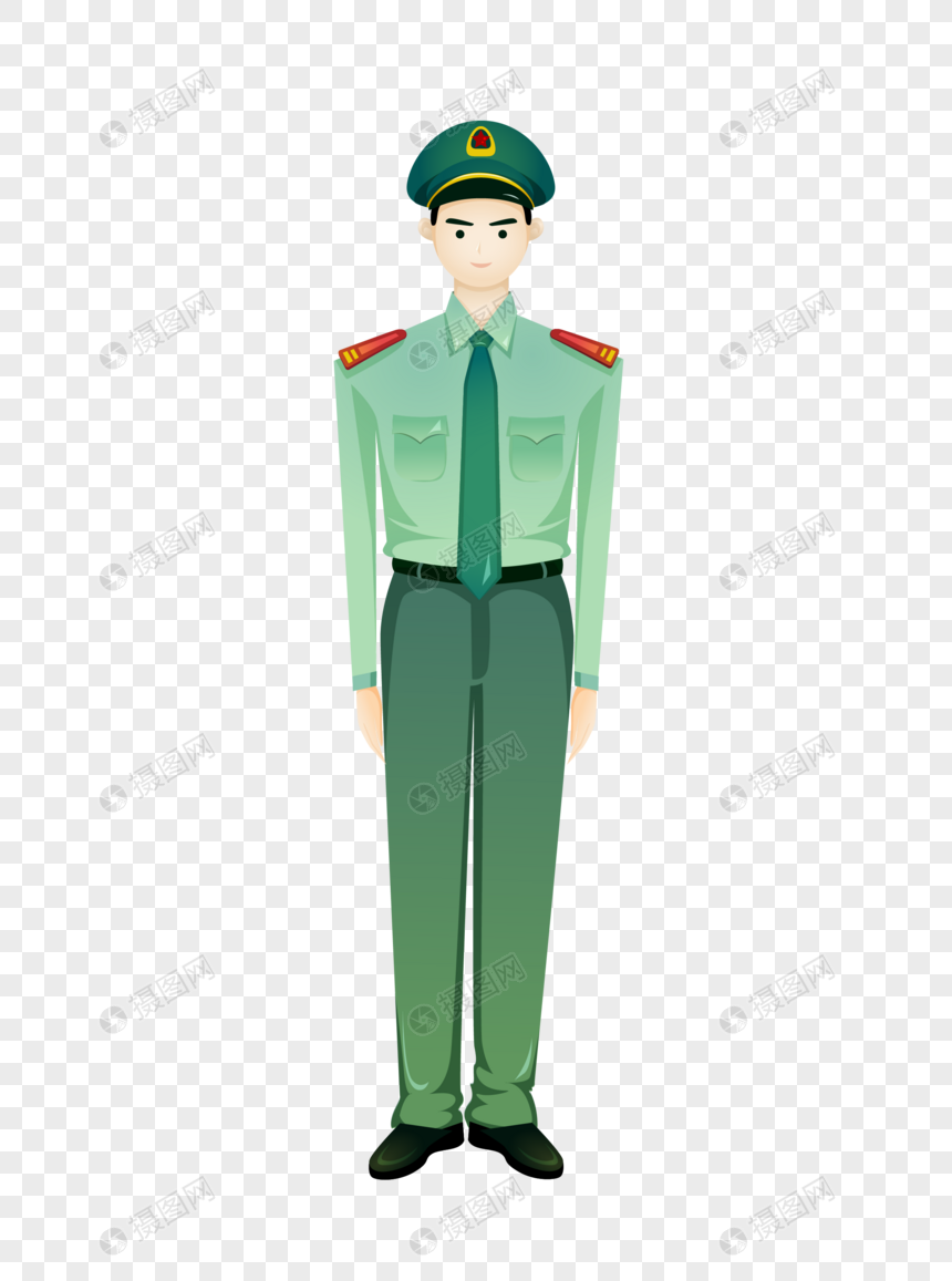 手绘卡通站立的军人戴军帽站军姿