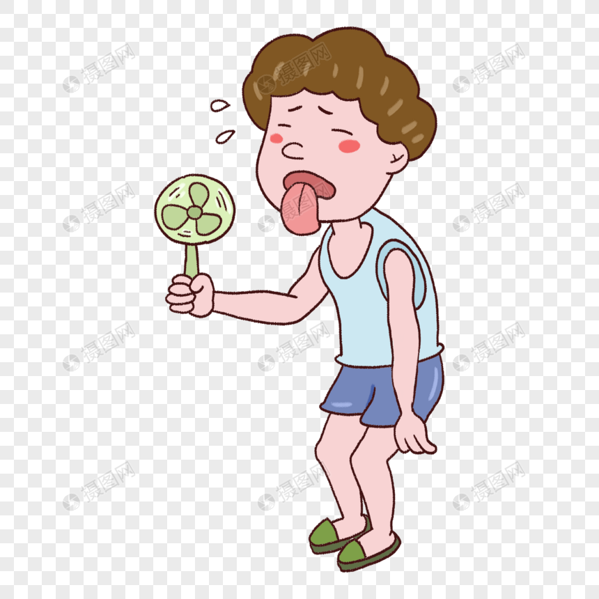免抠元素 手绘/卡通元素 高温夏季拿风扇的流汗男孩.psd