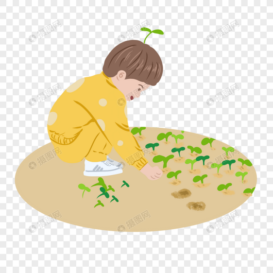 种小植物的小男孩图片