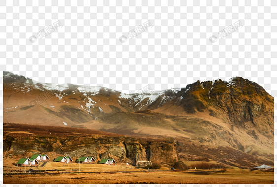 冰岛冰川山脉下的绿色房子图片