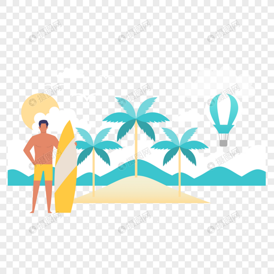 男人在海岛上玩皮划艇图标免抠矢量插画素材图片