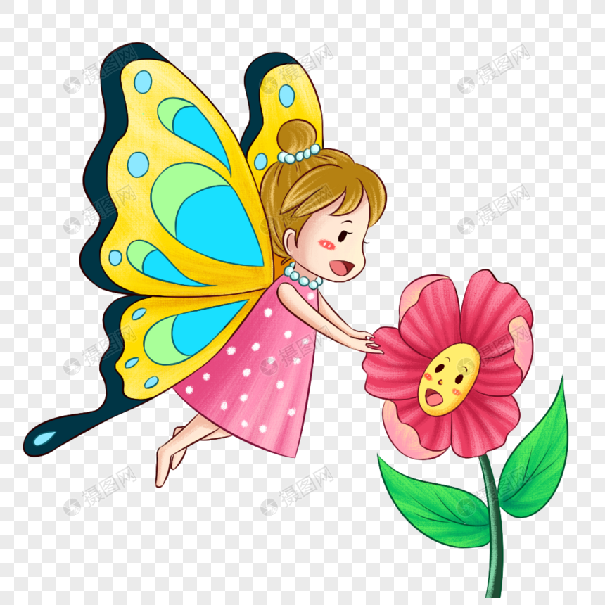 免抠元素 手绘/卡通元素 蝴蝶姑娘与花朵.