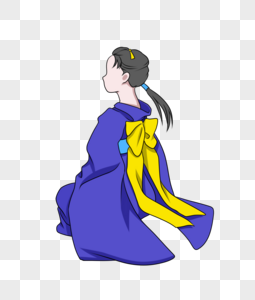 蓝和服黄蝴蝶结端坐少女背影图片