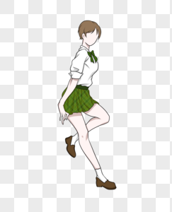 白衬衫绿短裙侧坐少女图片