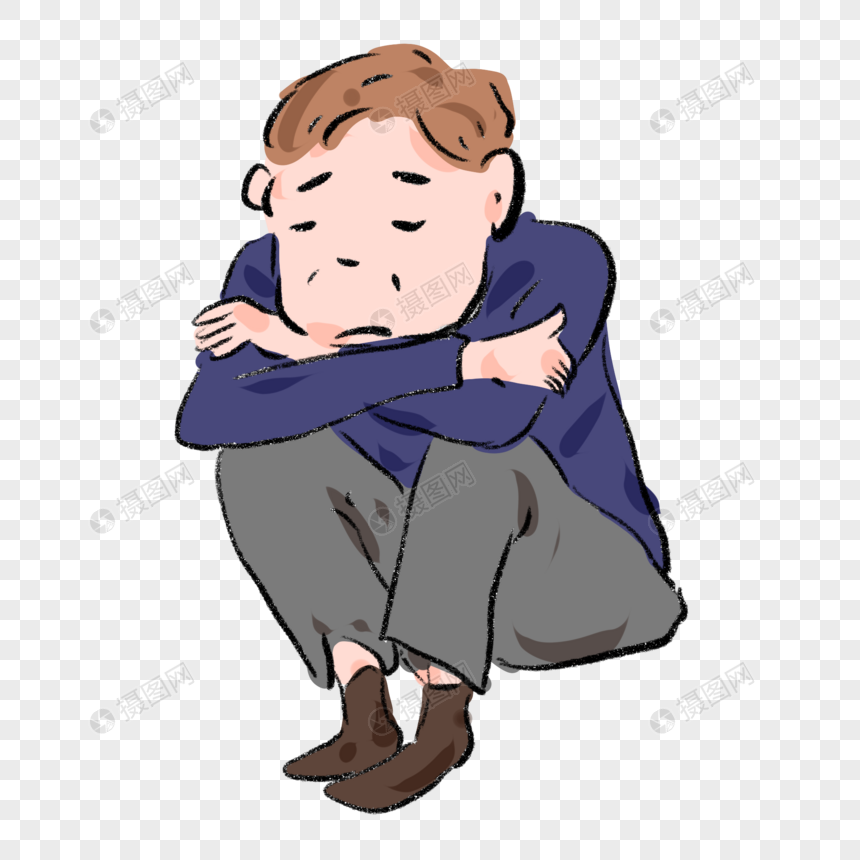 手绘男生蹲着沮丧表情卡通漫画人物元素