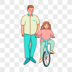 手绘父亲陪女儿骑自行车人物形象图片