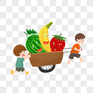 水果推车坐着草莓的男孩高清图片