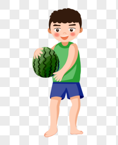 抱着一个西瓜的小男孩图片