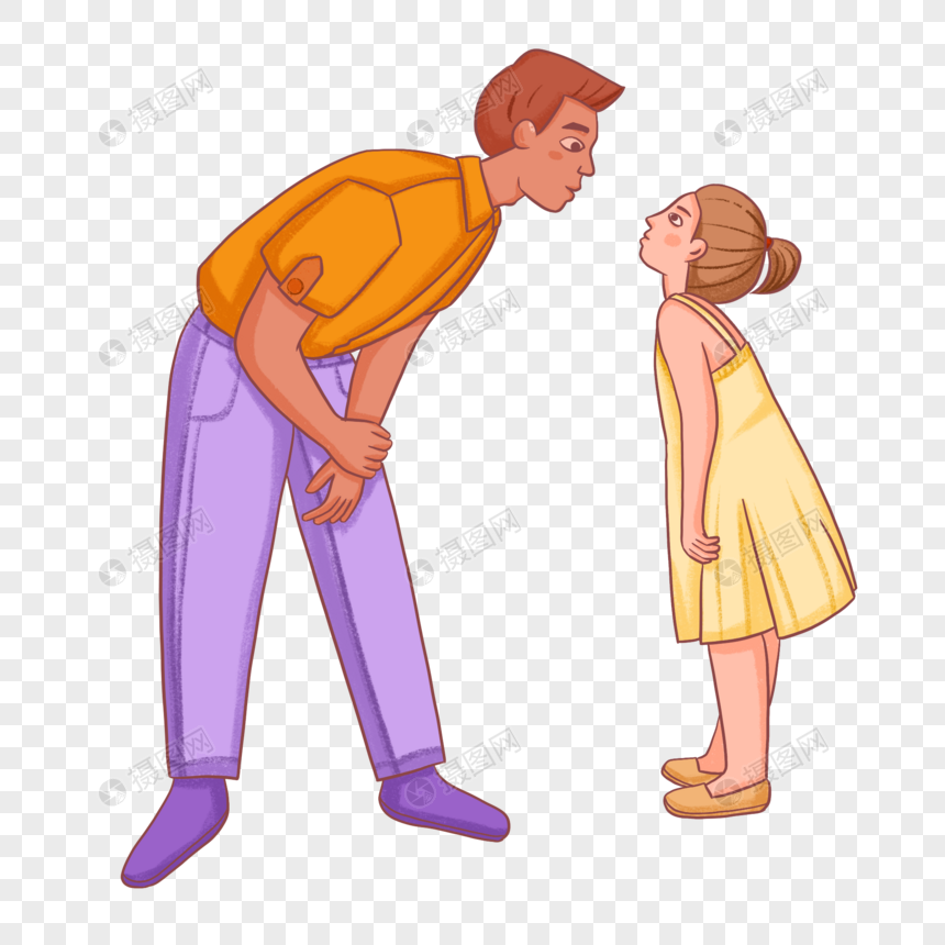 手绘爸爸低头看女儿