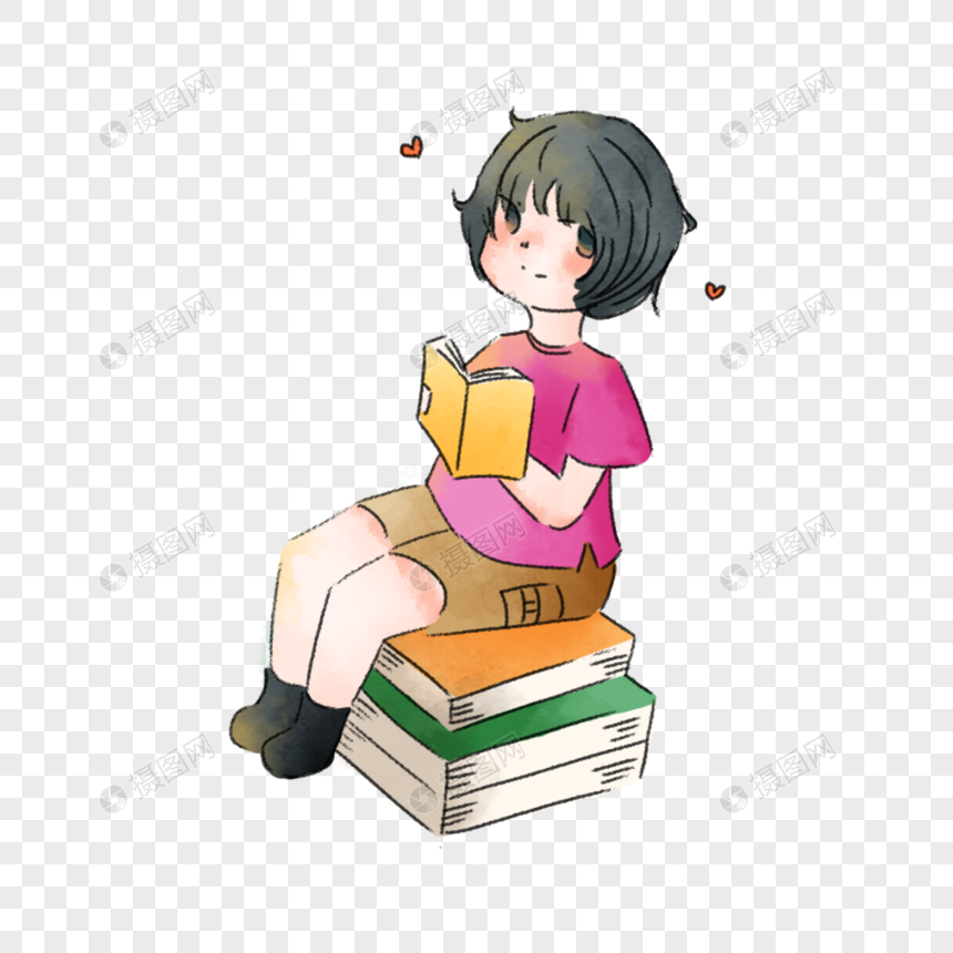 免抠元素 手绘/卡通元素 图书馆 坐在书上读书的小女孩.