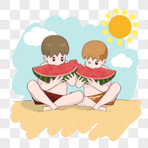 夏天在海滩盘腿坐着吃西瓜的两个男孩图片