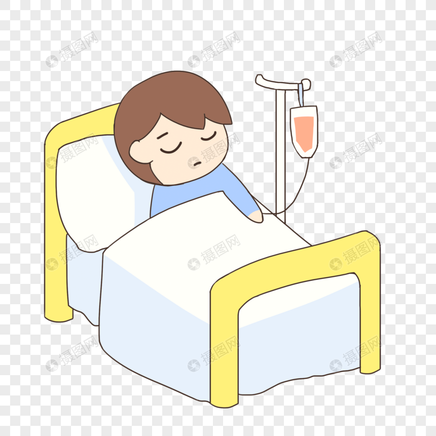 手绘卡通病床上打点滴的男孩
