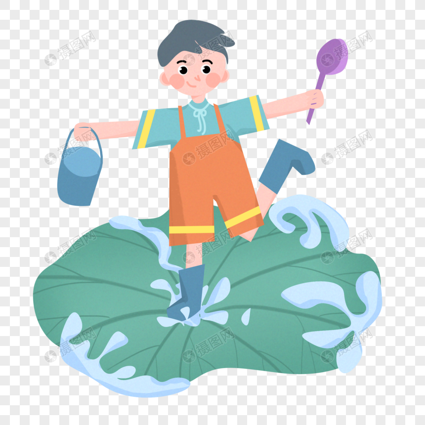 小男孩玩水手绘人物