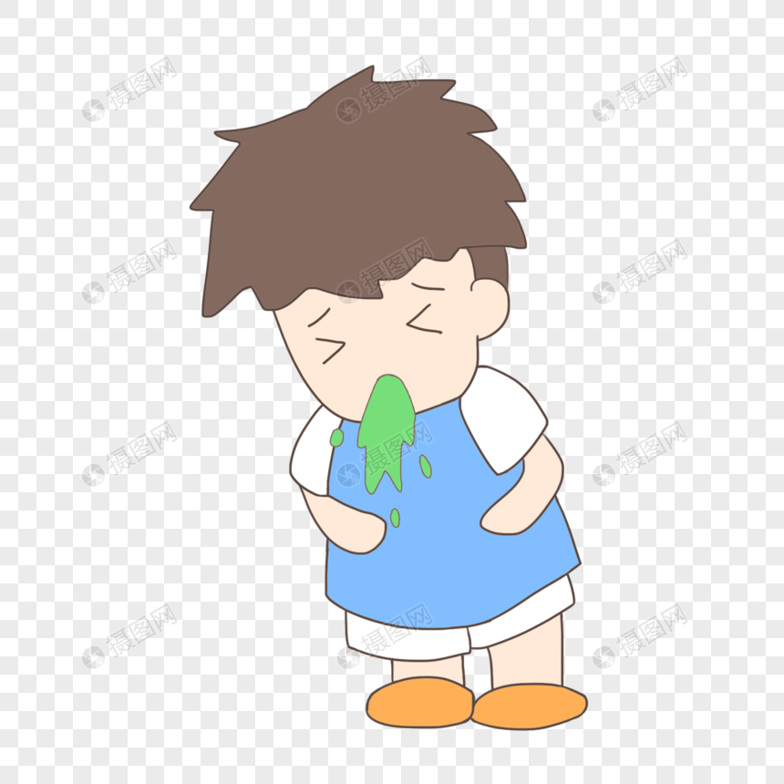 手绘卡通健康呕吐的男孩
