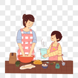 母亲节母亲孩子在厨房做面包图片