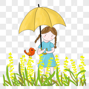 雨中女孩和小鸟童趣高清图片素材