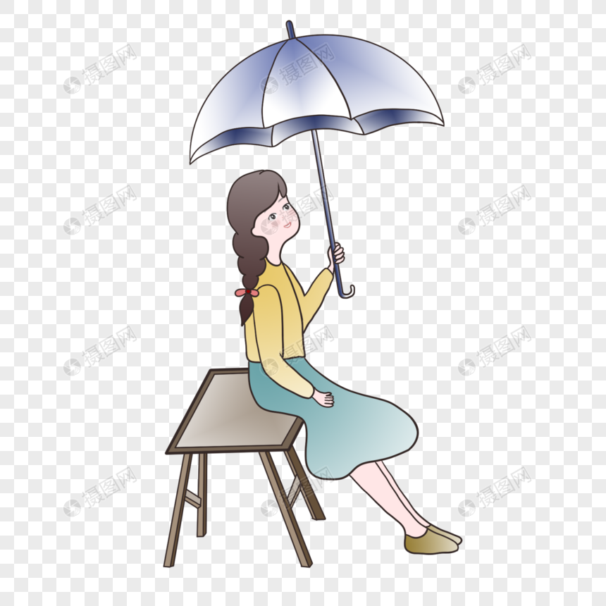 可手账素材雨天打伞等候女孩