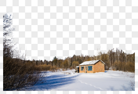 牡丹江雪乡的冬天白桦树下的雪地和红砖小屋图片