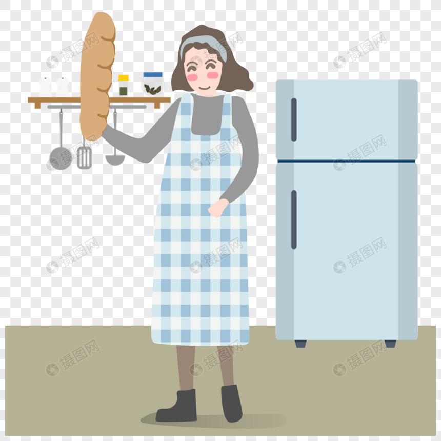 卡通手绘美丽女士在厨房开心烤面包图片