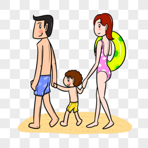 夏季全家人手拉手在沙滩散步图片
