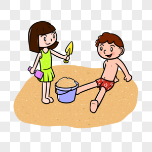 夏天小男孩和小女孩沙滩玩沙堆图片