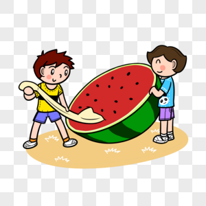 夏天小男孩吃大西瓜图片