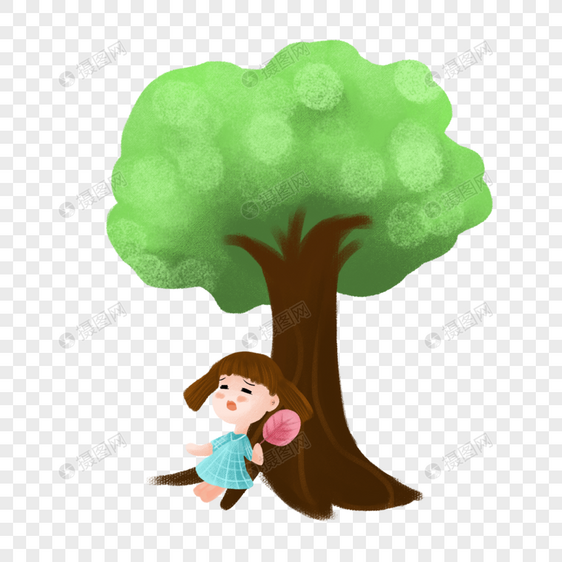 手绘夏天树下乘凉的女孩扇扇子图片