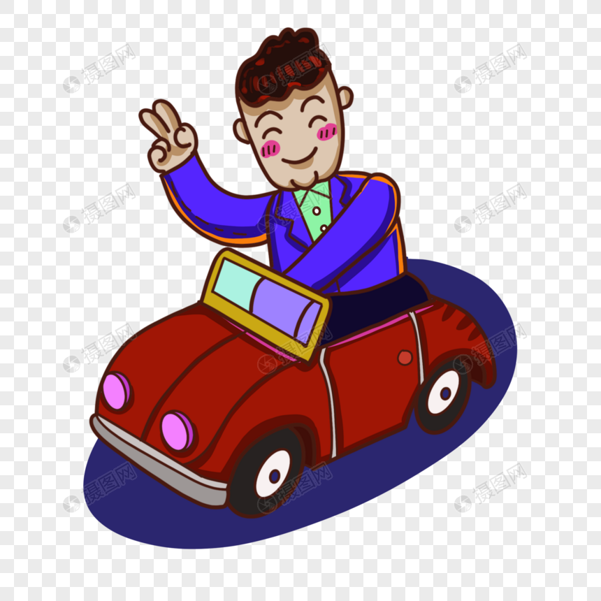 卡通蓝色衣服男士坐在小汽车