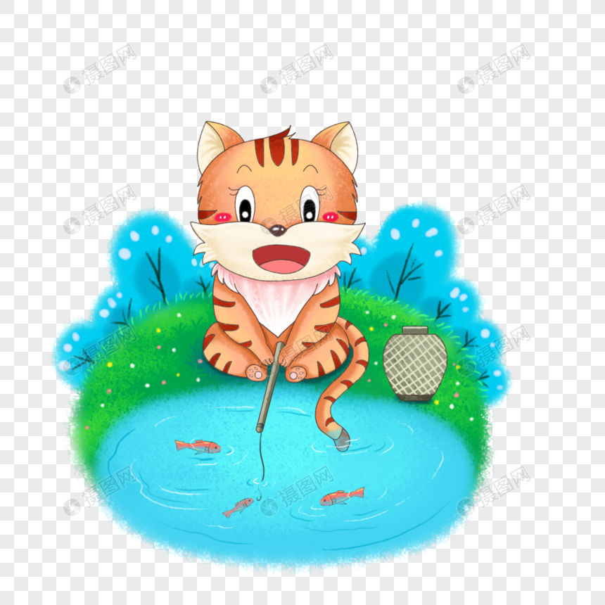 免抠元素 手绘/卡通元素 小猫钓鱼.psd