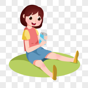 卡通女孩坐在草地上喝饮料图片