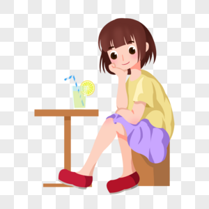 卡通紫色裙子女孩坐在凳子上喝汽水图片