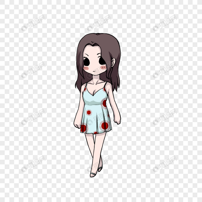 卡通个性吊带裙女孩插图