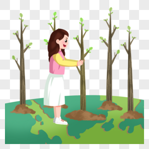 卡通女孩爱护树木插图图片
