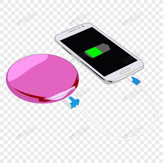 卡通手绘白色智能手机粉色圆形充电宝图片