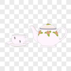 卡通手绘陶瓷茶壶茶杯花朵绿叶装饰高清图片