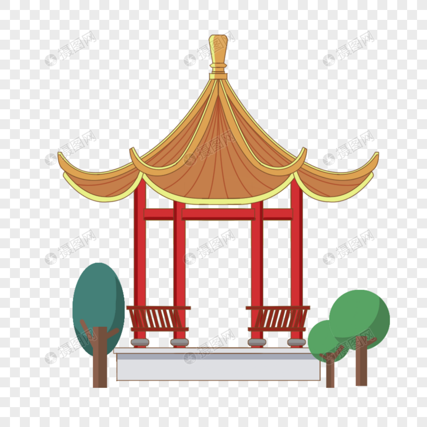 亭子靠椅树木卡通元素