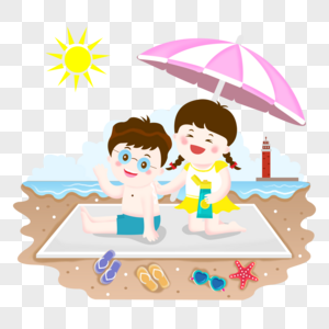 夏季海滩涂防晒霜儿童插画图片