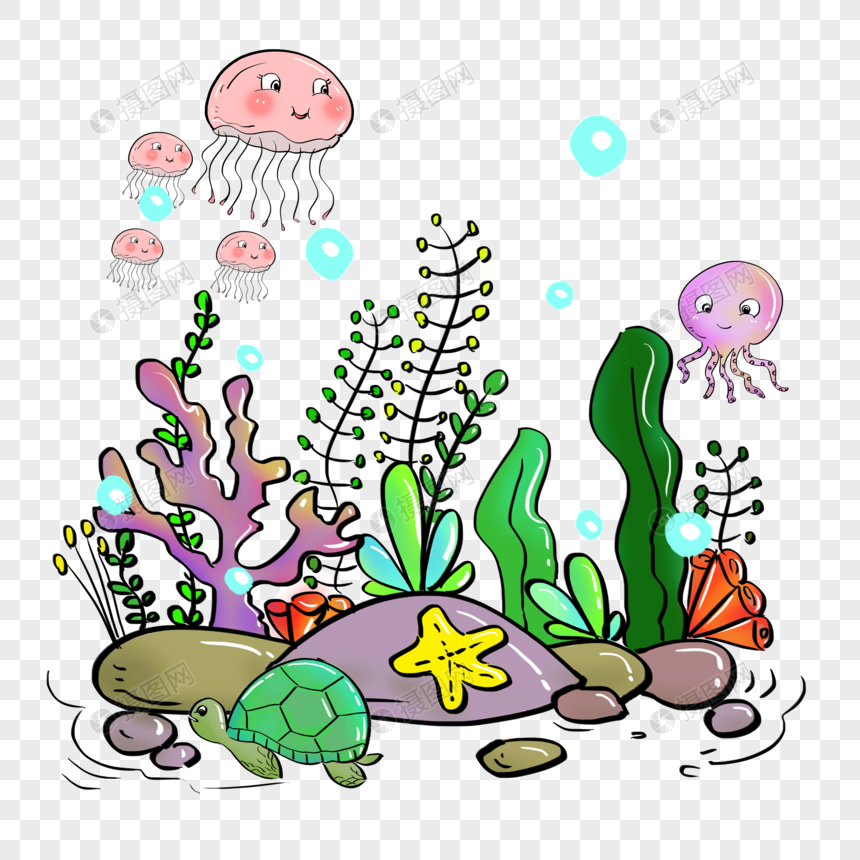 手绘珊瑚水草海洋生物免抠素材