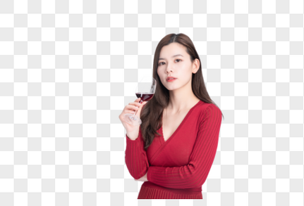 女性喝红酒品红酒高清图片素材