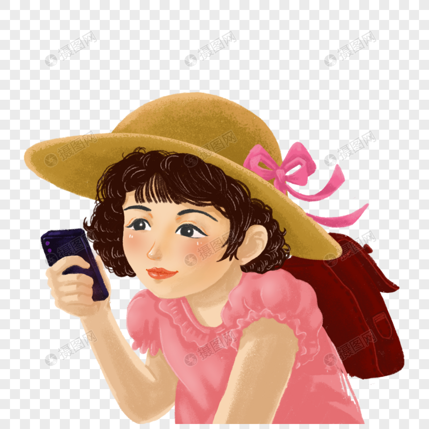 免抠元素 手绘/卡通元素 拿着手机拍照的女孩.png