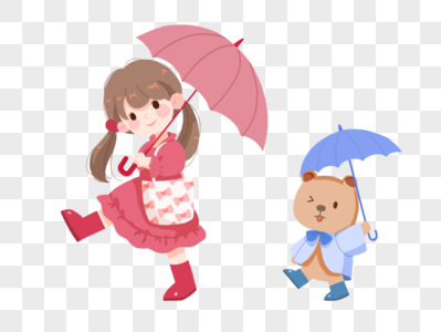 雨季撑伞的女孩和小熊高清图片