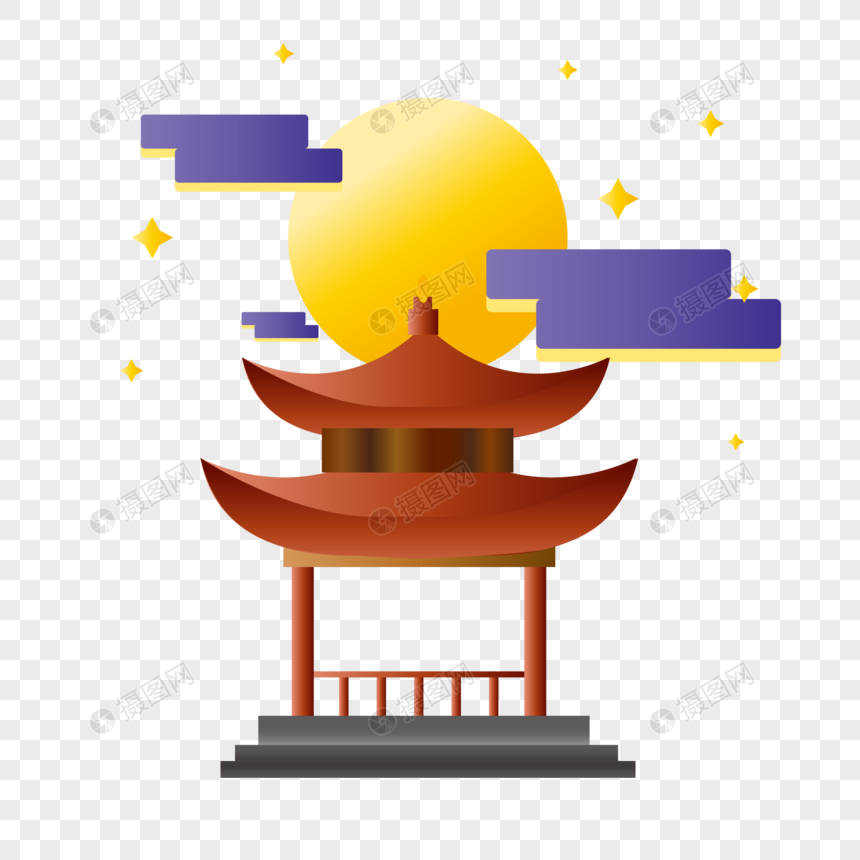 扁平化古代亭子中秋节配图元素素材下载-正版素材-摄