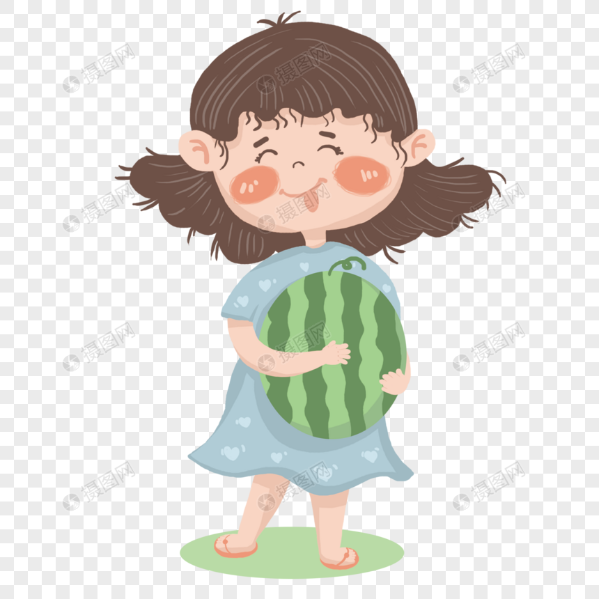 开心的抱着西瓜的小女孩