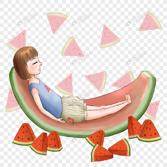 躺在西瓜皮中吃瓜的女孩图片