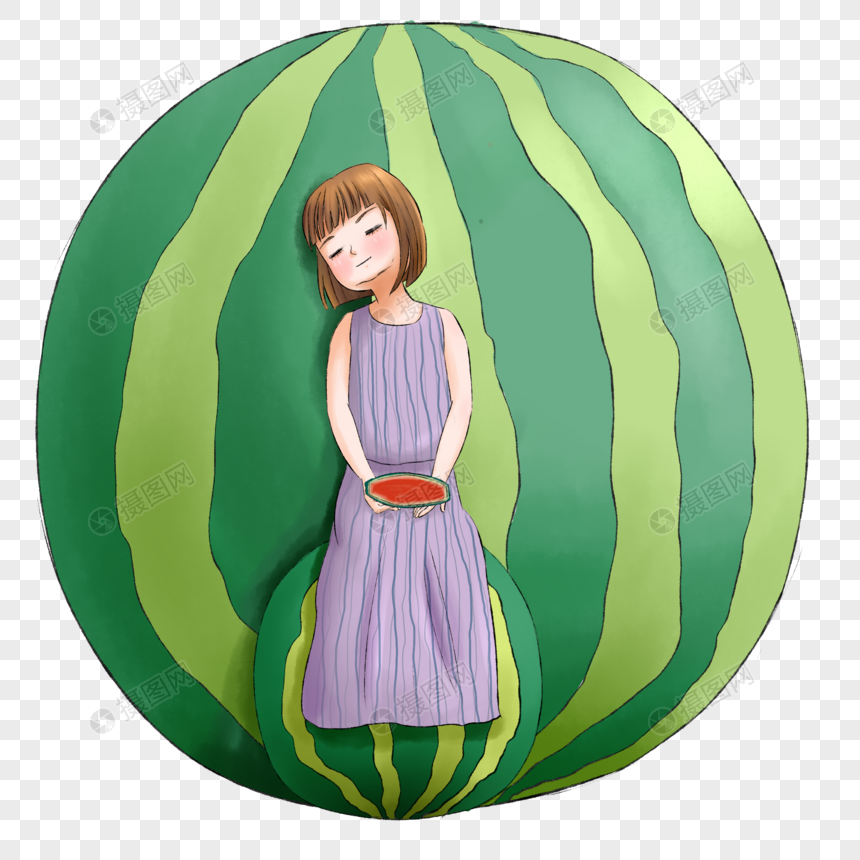 靠着西瓜吃瓜的女孩图片