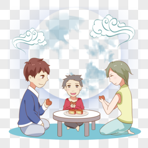 中秋吃月饼的一家人图片
