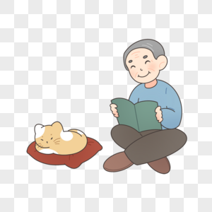 看书的爷爷和陪伴的小猫高清图片