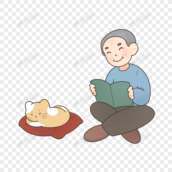 看书的爷爷和陪伴的小猫图片