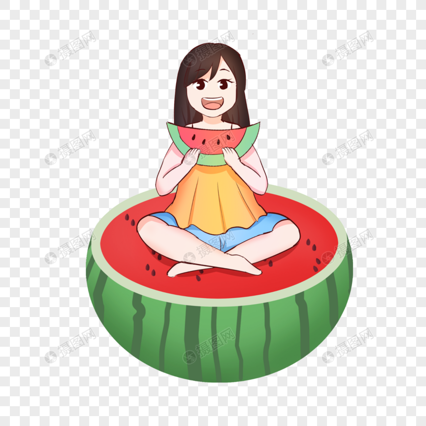夏日大暑小暑吃西瓜的少女图片