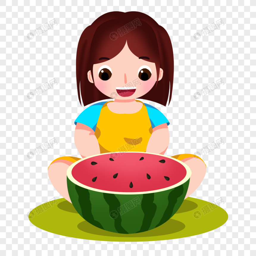 卡通女孩吃西瓜